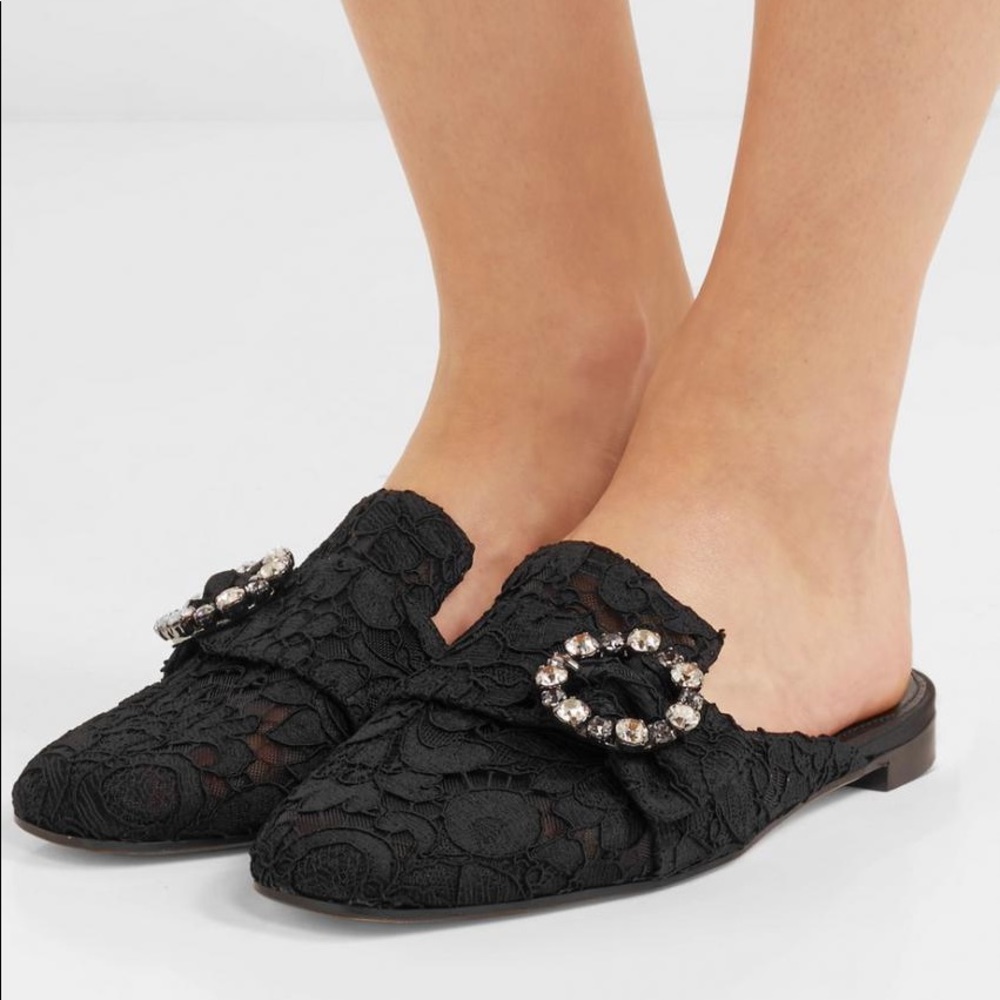 Dolce & Gabbana Black Lace Jeweled Buckle Slip-On Mules - Picture 7 of 8